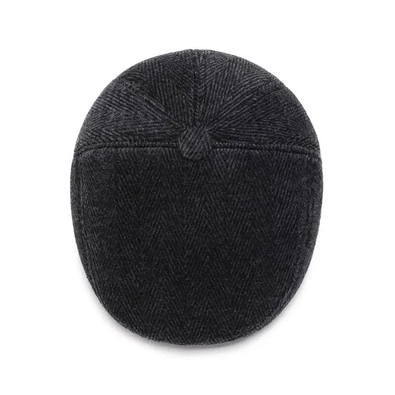 Men Solid Twill Newsboy Hat with Earmuffs Male Faux Wool Felt Black Charcoal Brown Warm Winter Hats Beret Baker Boy Hat