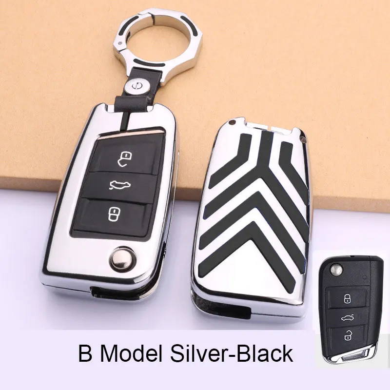 B Model silver-black Чехол для ключей из цинкового сплава в полоску, защитный чехол для Volkswagen VW Passat B8 Skoda Superb - Название цвета: B Model silver-black