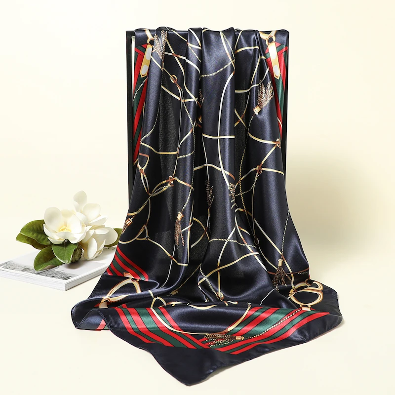 Scarf Female Silk Luxury Brand Muslim Hijab Design Print 90 Square Neck Scarves Large Headband Summer Shawls Pashmina|Women