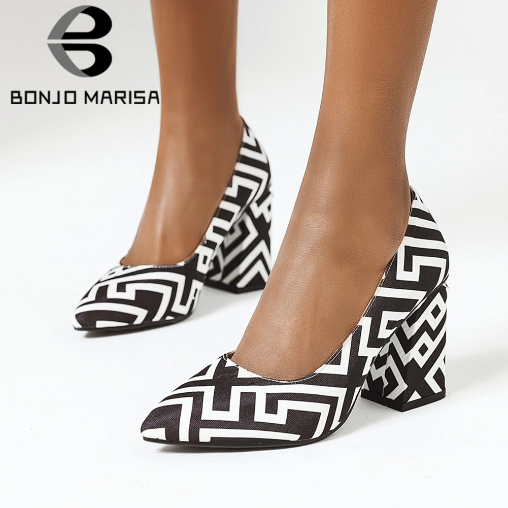

BONJOMARISA 2020 Spring New Ladies Brand mixed-color Pumps Party Office Pointed Toe Pumps Women High Block Heels Shoes Woman