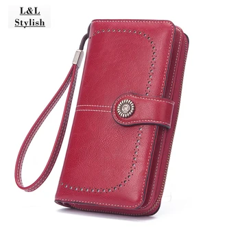 

L&LStylish Women Clutch Leather Wallet Female Long Wallet Women Zipper Purse Strap Money mobile phone large note oil pickup bag