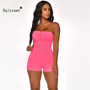 

Fitness Sporty Active Wear Sleeveless Ribbed Playsuit Athleisure Neon Color Rompers Women Zip Biker Body Suit Shorts Jumpsuits