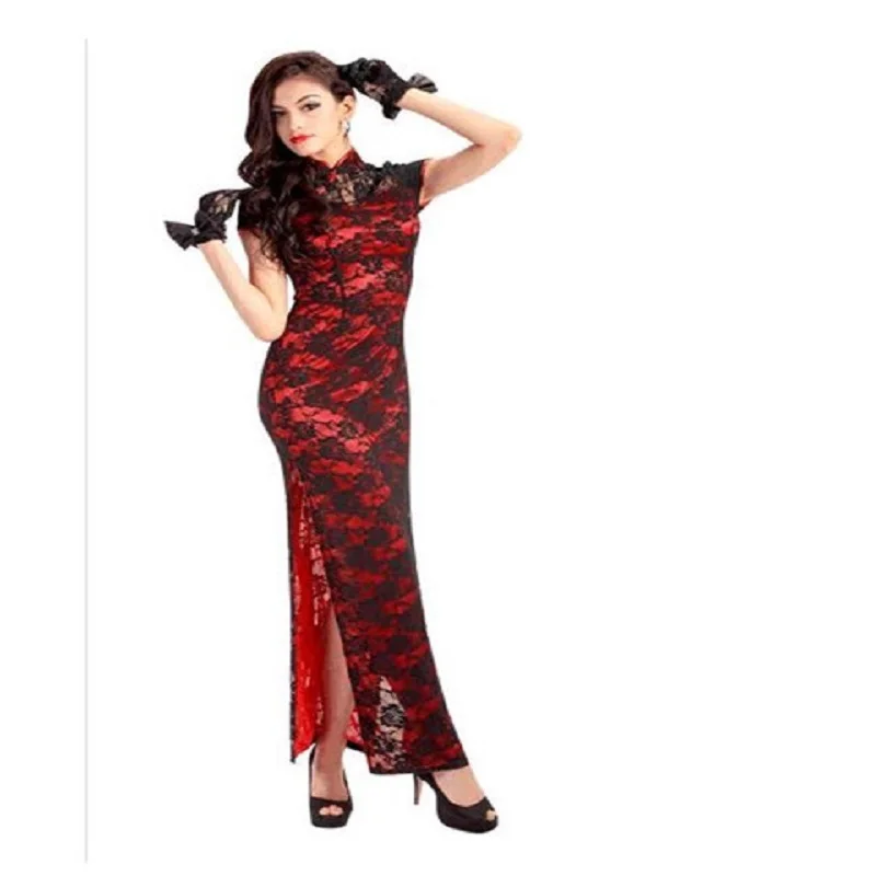 Foreign Trade Night Beach Fan Dance Sexy Modified Thin Lace Long Size Stage Catwalk in Short-Sleeved Performance Dress Cheongsam