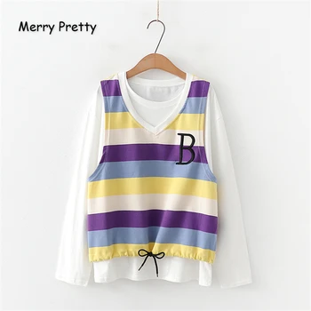

Merrt Pretty Cotton Women's Sets Letter Embroidery V-Neck Striped Tanks And White Long Sleeve Basic T Shirts 2019 Two Piece Sets