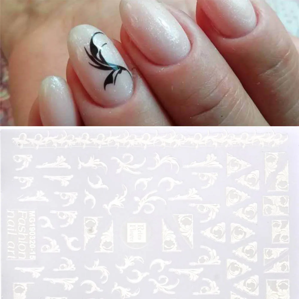 Черный Белый полые кружева Фольга Дизайн Ногтей Стикер Полный Обертывания передачи Цветок Клей DIY маникюр дизайн ногтей инструменты