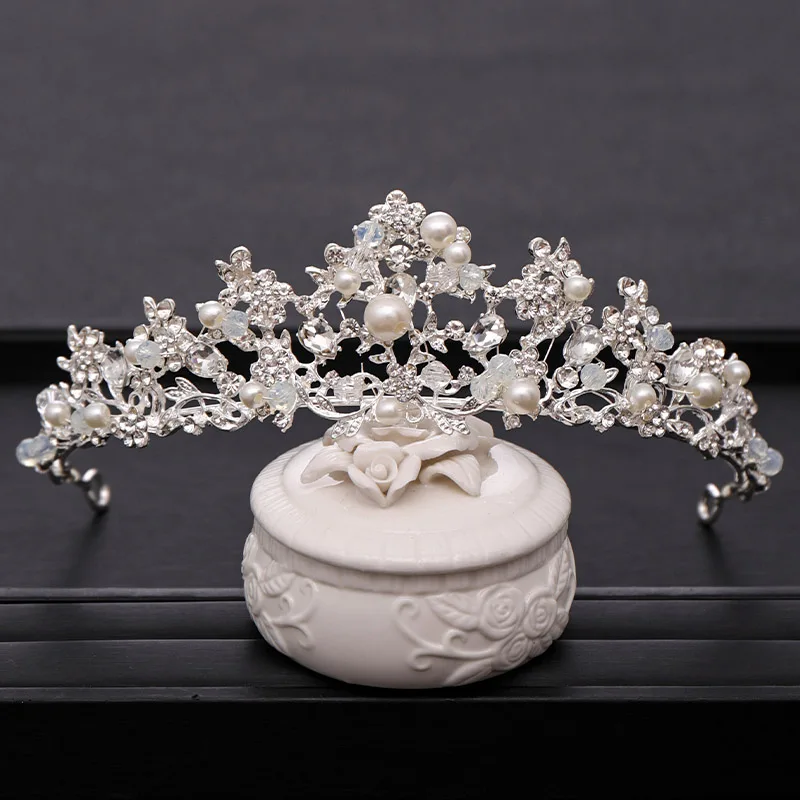Trendy Bridal Wedding Crown Hair Accessories Luxury Silver Pearl Rhinestone Crystal Crown Princess Birthday Crown Bridal Crown - Окраска металла: Серебристый