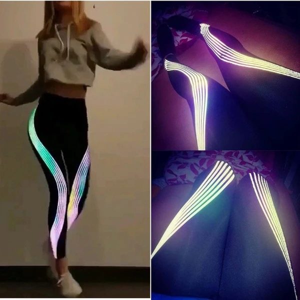 Women S Sexy High Waist Reflective Stripe Laser Print Skinny Stretch Leggings Plus Size Fashion