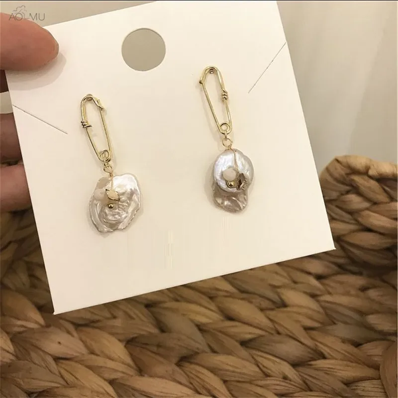 

AOMU New Korean S925 Sterling Silver Pin Irregular Natural Pearl Paperclip Stud Earrings for Women Birthday Gifts Wedding Party