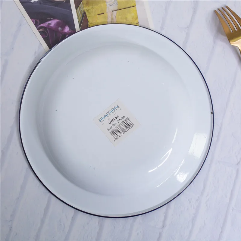 24 cm Spot Export UK Retro thick white blue side fruit plate rice plate enamel dish