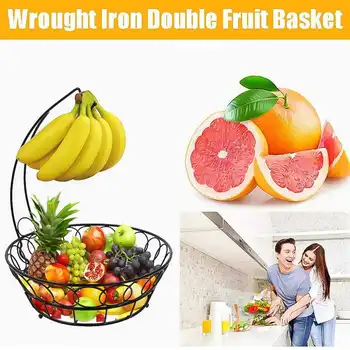 

2 in 1 Banana Hanger Fruit Bowl Metal Iron Holder Storage Basket Stand Hook Home Kitchen Storage Bowl Fruit Plates Display Rack