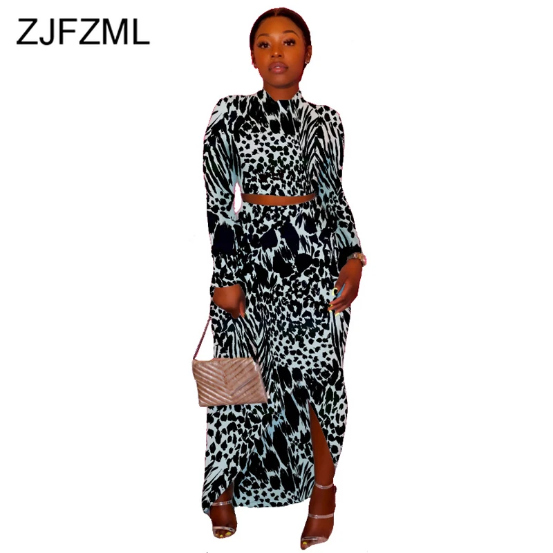 

Animal Printed Sexy 2 Piece Matching Set Women Clothes O Neck Long Sleeve Crop Top + Side Split Long Skirts Two Piece Outfits