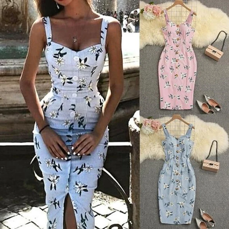 Tanio 2021 najnowszy kwiatowy Print Spaghetti pasek Sexy sukienka kobiety sklep