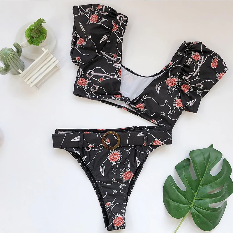 Misswim, сексуальное бикини с глубоким v-образным вырезом,, винтажный купальник с принтом, женский купальник с поясом, женский купальник с рукавом, высокая талия, купальник, Новинка