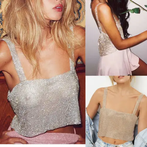 

Summer New Style Sexy Women Nightclub Party Sparkly Crystal Rhinestone Metal Chainmail Halter Draped Bra Crop Top Strap Tube Top