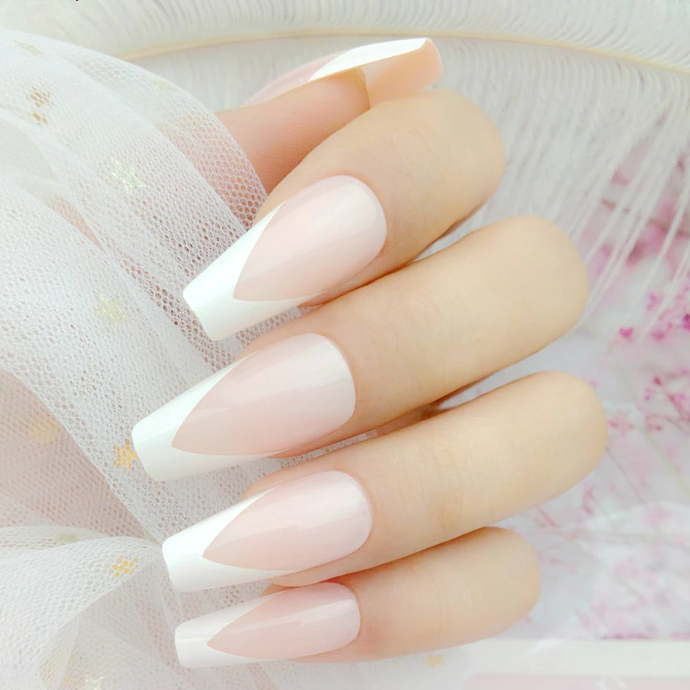 

Long French Coffin False Nails With Design Nude Gradient Artificial Fake Fingernails DIY Full Cover Tips Manicure Tool