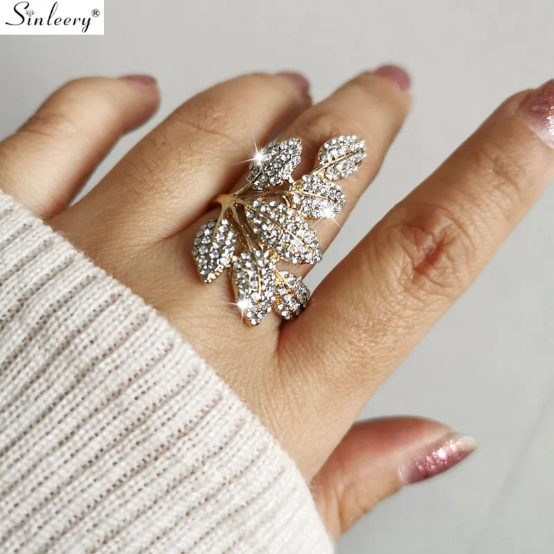 SINLEERY Роскошные хрустальные кольца в виде листа для женщин золотого цвета массивные кольца вечерние Ювелирные изделия Подарки JZ058 SSH