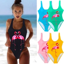 M & M 2019 Nova One Piece Swimsuit Flamingos Impresso Mulheres Verão Preto Branco Backless Swimwear Sexy Banho de Praia Roupas Para Bebês(China)