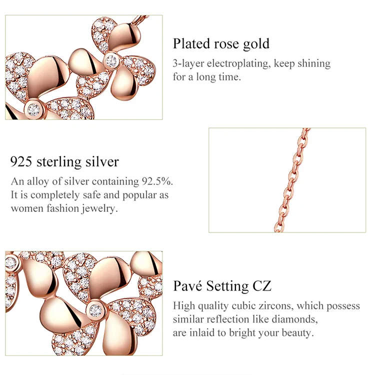 WOSTU Authentic 925 Sterling Silver Clover Nakelace Classic Gentle Rose Gold Color Flower Necklace For Women Jewelry BKN375