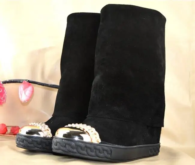 

Autumn/Winter European Metal Toe Suede Women Mid-calf Boots Slip-on Chains Decoration Height Increasing Boots Women