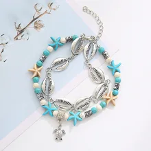 Горячая двухслойный ножной браслет ретро-богемный стиль Сплав Раковина Морская звезда черепаха кулон пляж ножной браслет
