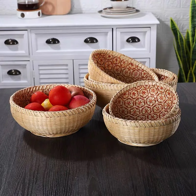 Storage basket kitchen household fruit snacks dry fruit storage tray handmade bamboo woven retro Chinese style home furnishings