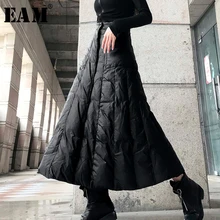 [EAM] высокая талия, черная, с хлопковой подкладкой, теплая, темпераментная, длинная, полуоблегающая юбка, женская мода, новинка, весна-осень, 1K817