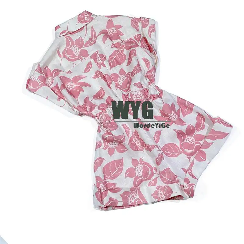 Linen Jumpsuit For Woman 2020 Summer New Fashion Blogger Style Pink Leaf Print Short Sleeve Elegant Casual Rompers