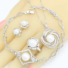 Белый жемчуг серебряный цвет Ювелирные наборы для женщин Циркон браслет серьги гвоздики кольца ожерелье кулон Свадебная вечеринка