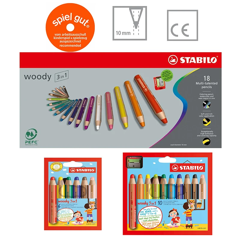 STABILO Multi-talented Pencil woody 3-in-1 - Wallet of 6 - Assorted Colors  + Sharpener