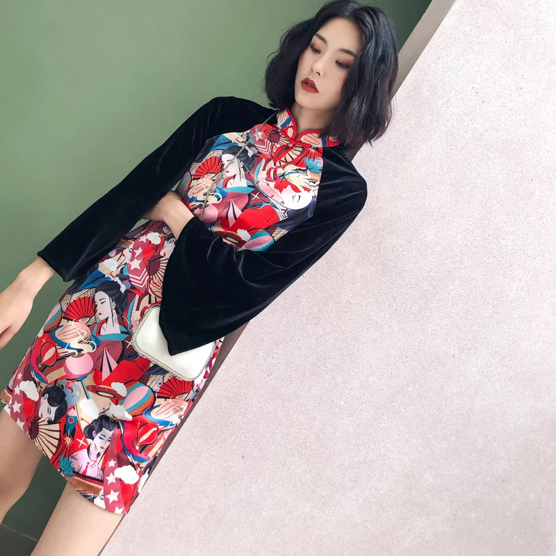 Винтажное женское модное платье бархатное с длинными рукавами и принтом qipao