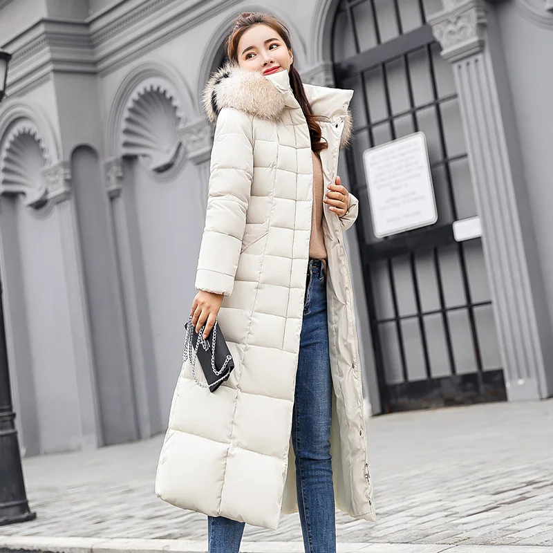 Женская зимняя куртка, новинка, европейский и американский стиль, пальто с капюшоном, меховой воротник, дикая тонкая приталенная Длинная женская куртка - Цвет: Beige