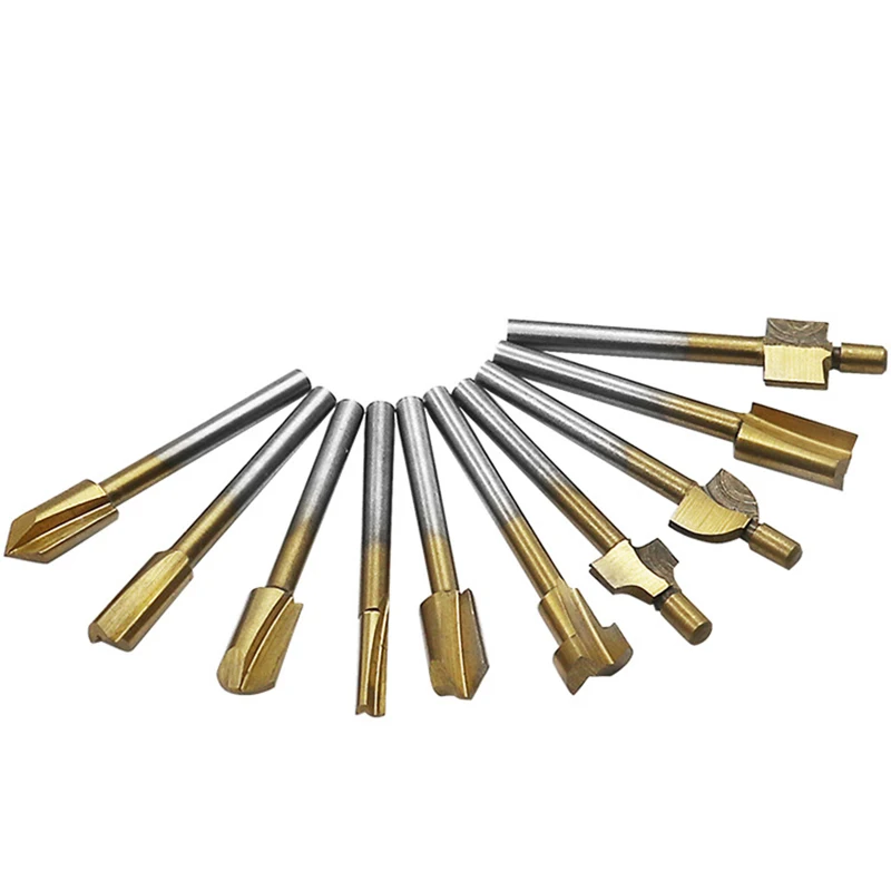 

10pcs/Box 3mm HSS Titanium Router Bits Wood Cutter Milling Fits Dremel Rotary Tool Engraving Machine Knife Sharpening Slot