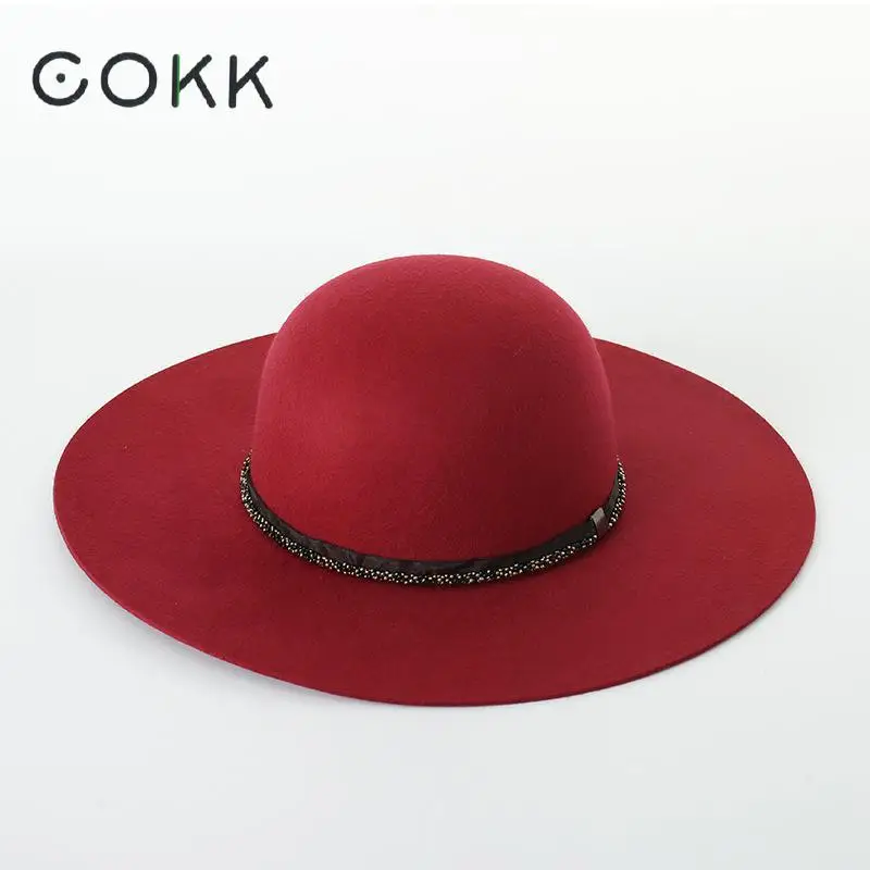 COKK шерстяная фетровая шляпа для женщин, элегантная женская шляпа с Круглым Верхом и широкими полями, винтажный капор с цепочкой из бисера, дизайнерские женские шапки