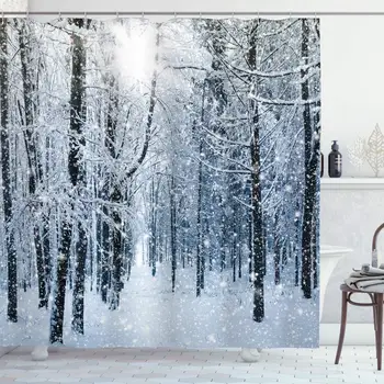 

Winter Shower Curtain Snow Covered Forest Idyllic Early Morning Scenery Seasonal Xmas Nature Bathroom Decor Set