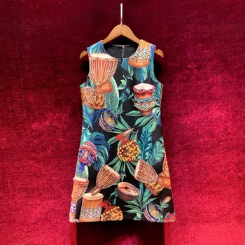 

High Quality Runway Dress Summer 2020 Luxury Fashion Hand-painted Tabla Leaf Print Tank Dress Women