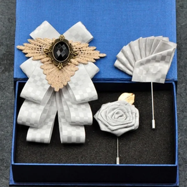 British New Fashion Men's Wedding Performance Groom Wedding-Party Flower Collar Bow Tie Pocket Towel Square Set Men Accessories White plaid Set