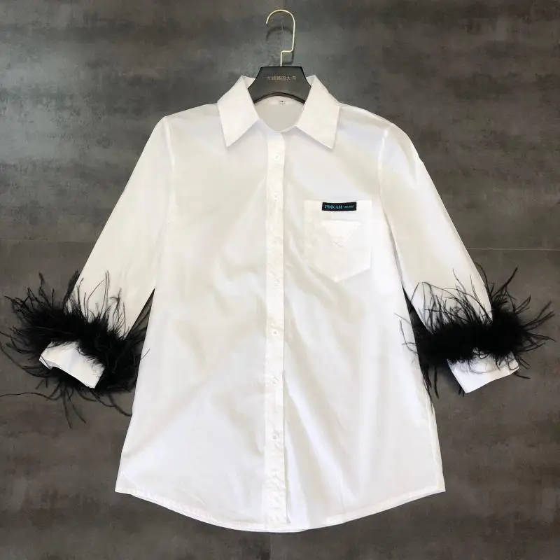 

New 7 point sleeve wool cuffs pocket letter sticker outside shirt shirt fashion girl