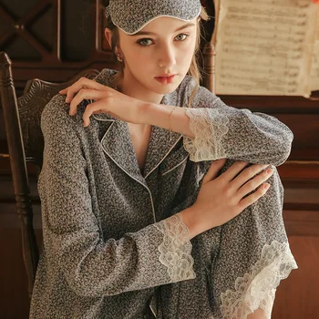

Spring and Autumn Thin Lapel Print Elegant Retro Sweet Romantic Silk Suit Pajama Home Female Summer Wear