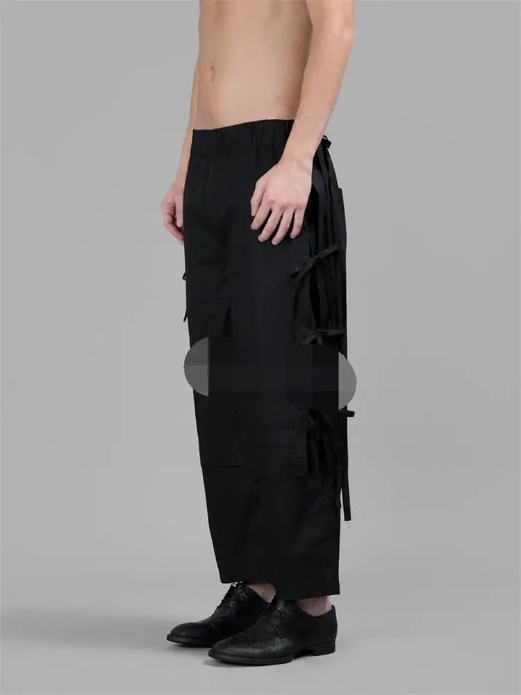 Men's Casual Pant Skirt Spring And Autumn New Black Side Bag Buckle Tassel Design Fashion False Two-Layer Pant Skirt