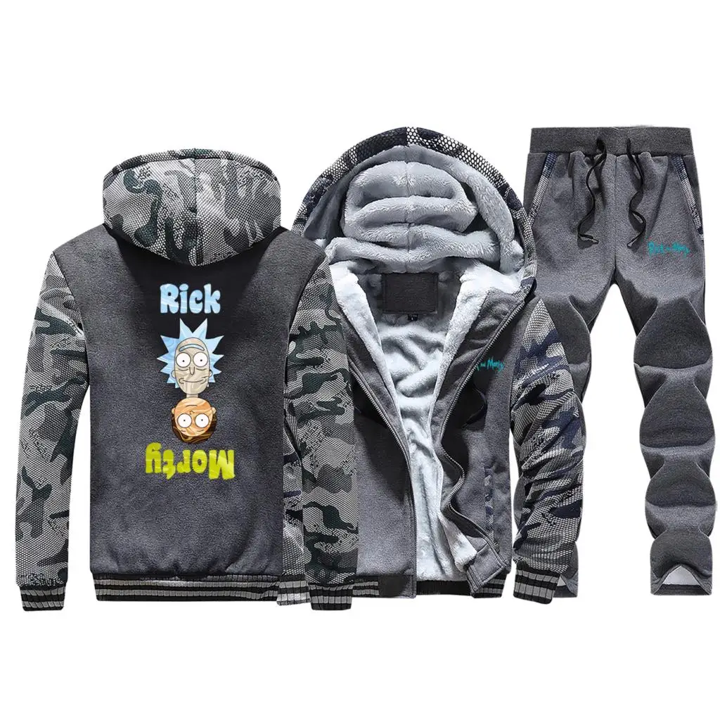 Rick And Morty Mens Jacket Sports Trousers Winter Thick Male Warm Hoodie Casual Brand Clothes Men Sweat Suits Outwear Tops - Цвет: Dark Gray