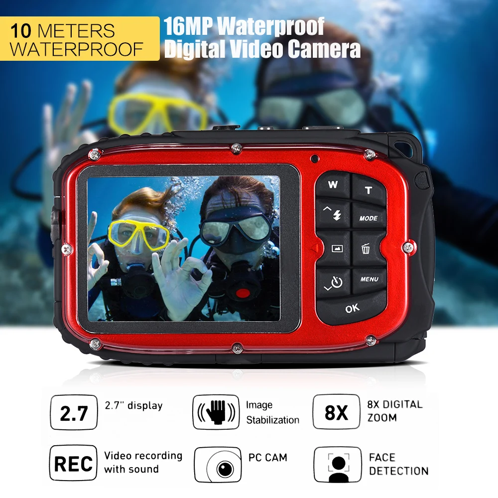 

16MP 2.7" LCD Waterproof Digital Video Camera Portable Camcorder DV Underwater 10M Diving 8X Digital Zooming Face Detection