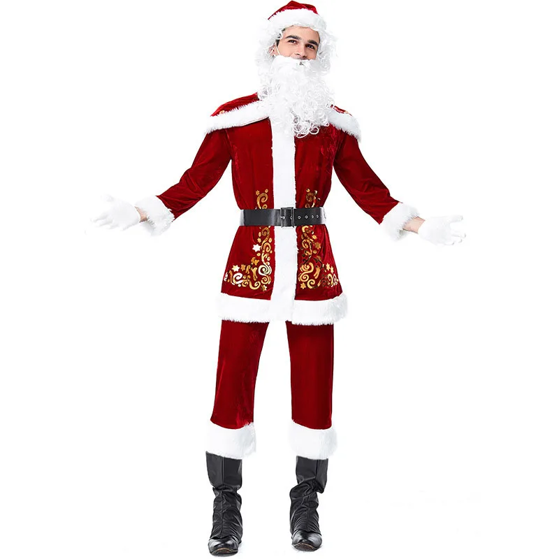 Рождественский костюм Санта-Клауса Санта-Ника для взрослых, Рождественский костюм для костюмированной вечеринки для мужчин и женщин, шапка+ куртка+ штаны+ борода
