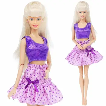 

Fashion Doll Dress for Barbie Doll Shiny Tops Shirt Purple Skirt Wave Point Bow-knot Sexy Clothes Kids Toy Accessories 12''