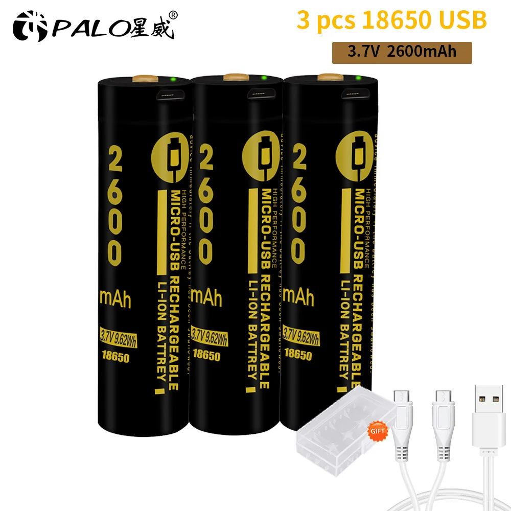 PALO 3 шт микро USB 18650 2600mAh 3,7 V литий-ионная батарея 18650 USB литий-ионная аккумуляторная батарея для фонариков - Цвет: 3PCS