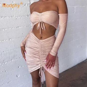 

2020 Spring New Women's Set Bodycon2 Two-piece Sexy Tube Top Long Sleeve Cardigan and Draped Mini Skirt Celebrity Club Party Set