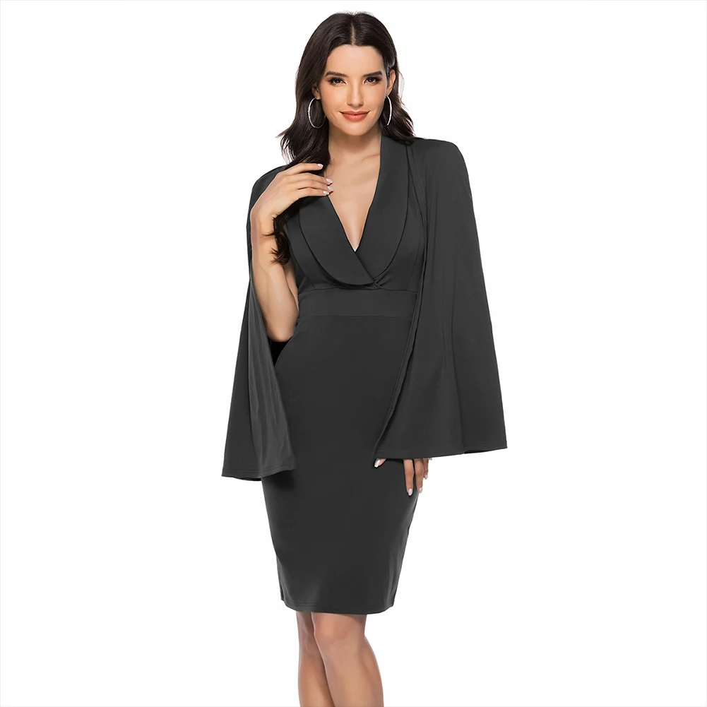 

Bikitique Slim Cape Sleeve Sexy Dress Deep V-Neck Long Sleeve Tight Wrap Hip Party Dress Women Commute Vintage Full Dress