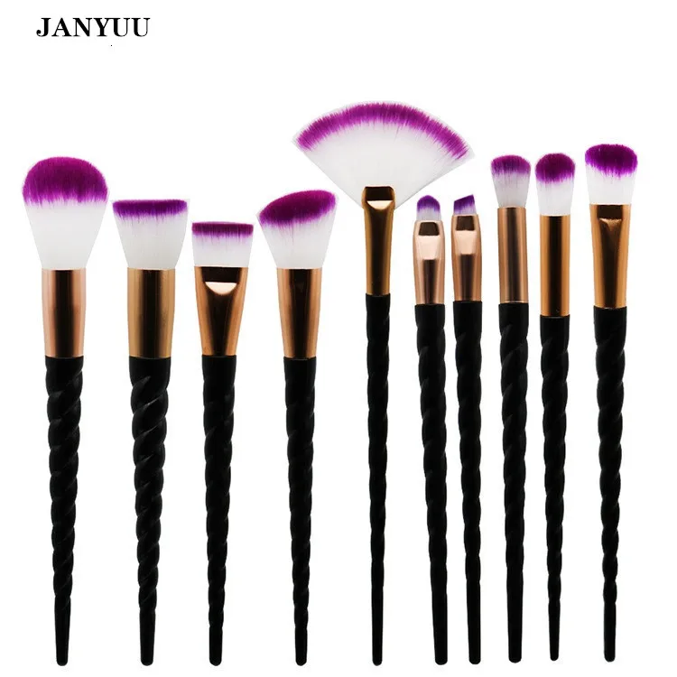 

10pcs Makeup Brush Set Black Spiral Handle Contour Base Powder Eyeshadow Brushes Purple Hair Foundation Lip Nose Brushes
