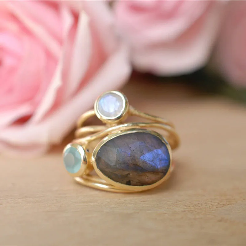 Multi-layers Cross Moonstone Rings for Women Boho Gold Color Round Opal Resin Simulated Shell Rings Jew