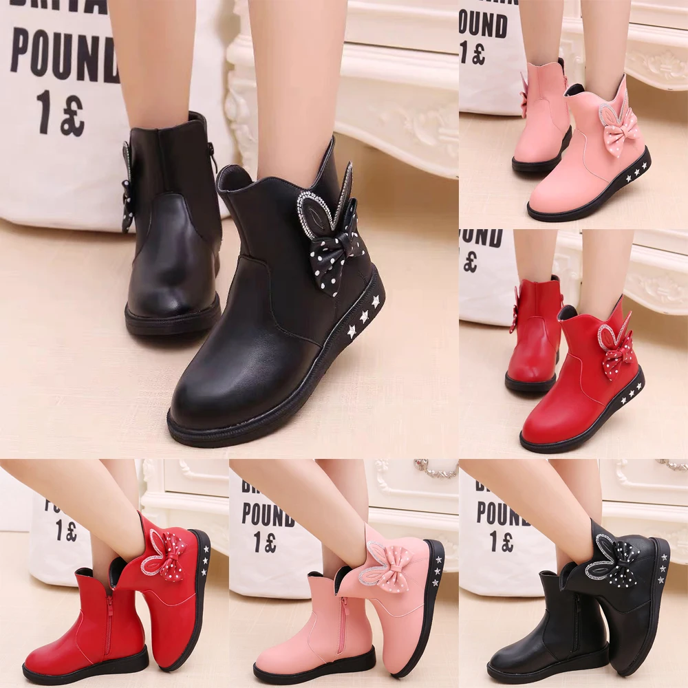 

Winter Girls Snow Boots Leather Kids Rabbit Bow Boots Princess Girl Shoes For 2-6Years Kids Ankle Shoes D30
