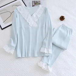 Spring and Summer 100%Cotton Knitted Pajamas Two-piece Ladies V-neck Simple Home Service Set Sweet Long-sleeved Trousers